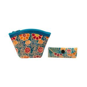 Genuine Leather Hand Painted Coin Purse and Lipstick Case in Blue Floral